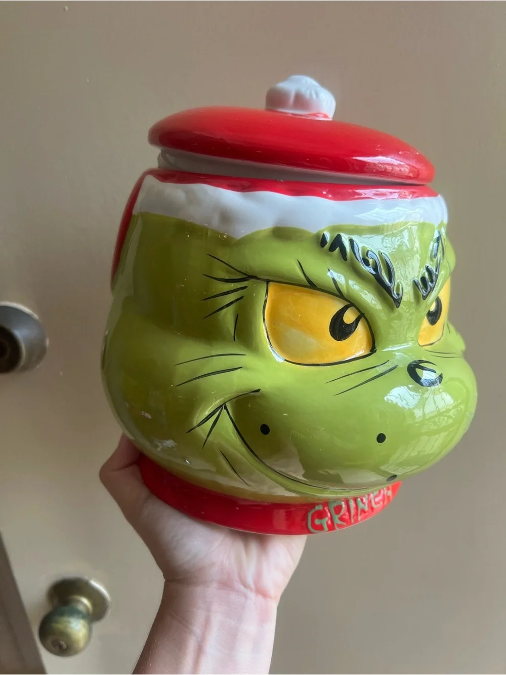 Grinch Ceramic Cookie Jar - Red & Green Holiday Treat Storage